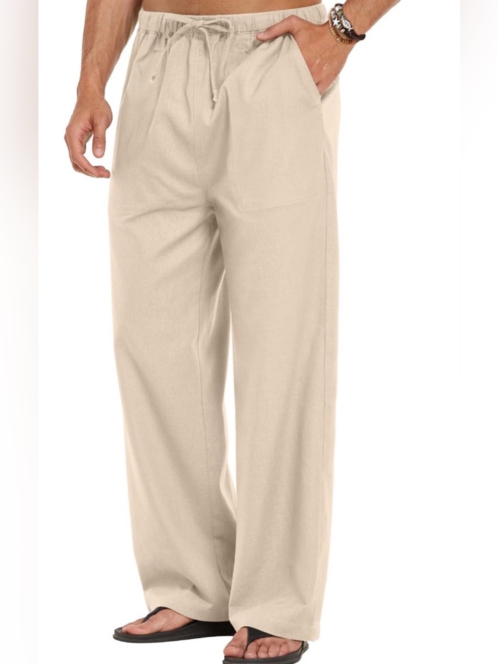 Men's Beige Relaxed-Fit Drawstring Linen Beige Pants | Coastal Beach Summer
